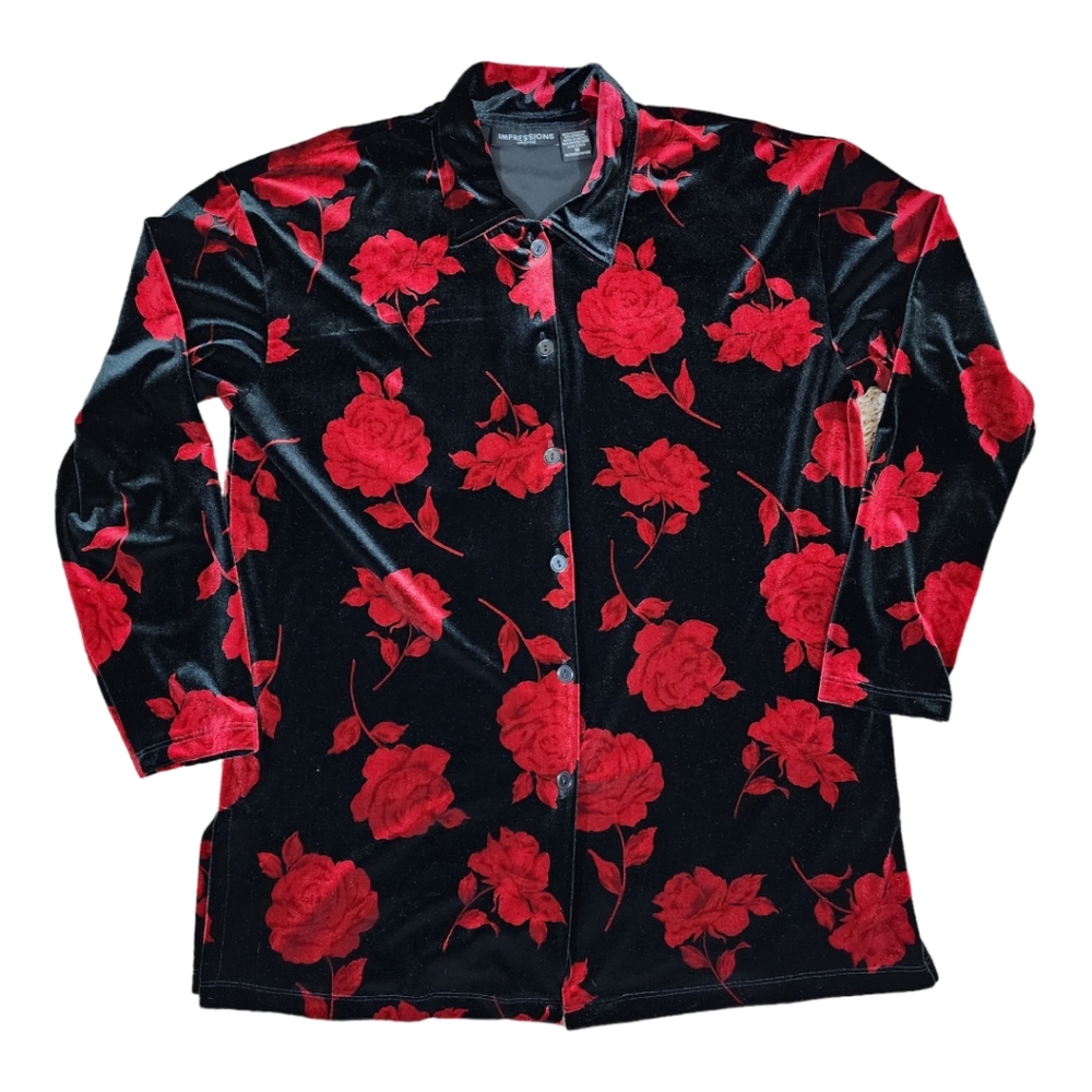 Impressions Velvet Button Down Floral Blouse